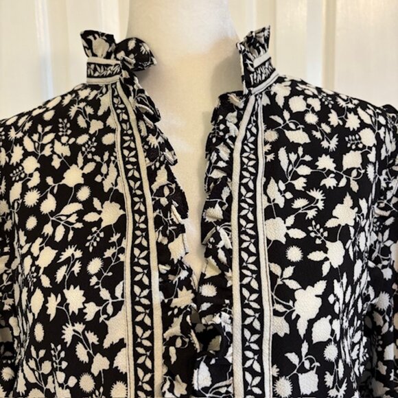 Max Studio Black/White Floral Print Ruffled Collar Tiered Maxi Dress Size 1X - Picture 3 of 12